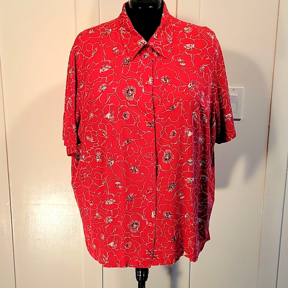 3X Red Floral Print Blouse